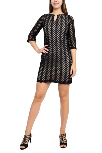 Truedames Round Neck Keyhole Front 3/4 Sleeve Wave Pattern Knit Dress In Black