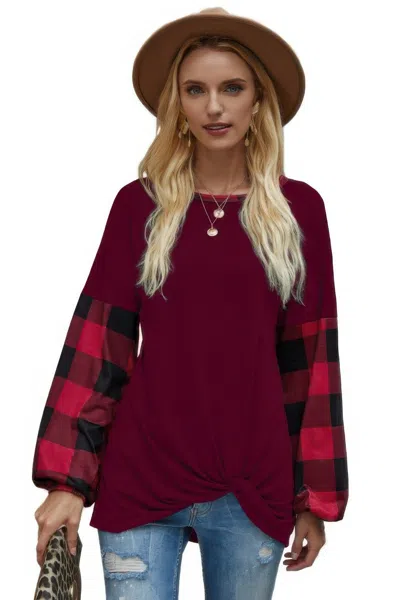 Truedames Round Neck Lantern Sleeve Patchwork Pullover In Brown