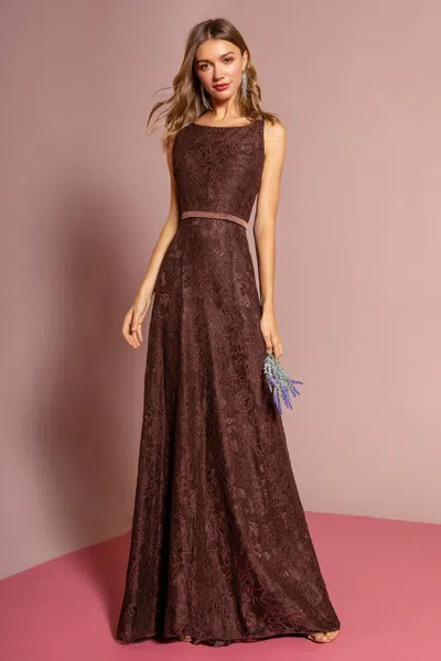 Truedames Round Neck Long Lace Open Back Bridesmaid Dress In Brown