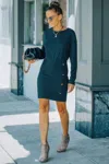 Truedames Round Neck Long Sleeve Button Dress In Green