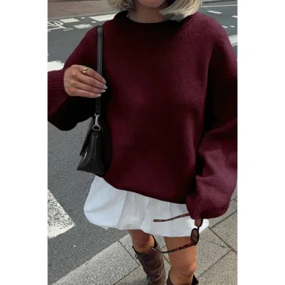 Truedames Round Neck Long Sleeve Knitted Loose Sweater In Burgundy