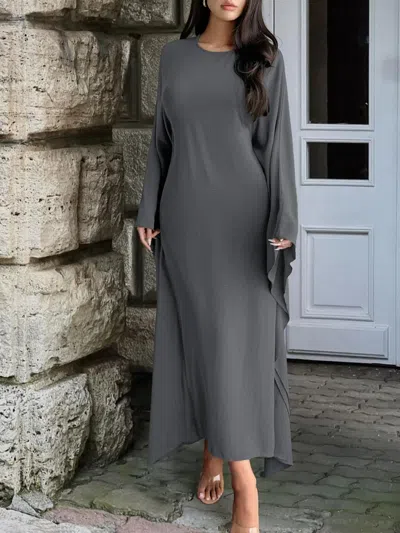 Truedames Round Neck Maxi Dress With Flowing Cape Sleeves In Gray