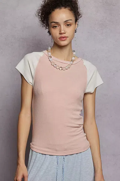 Truedames Round Neck Outseam Detail T-shirt With Contrast Color Sleeves In Brown