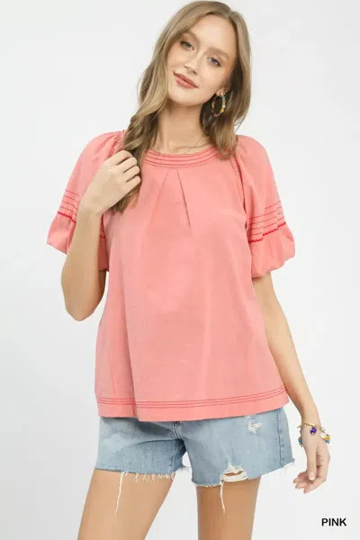 Truedames Round Neck Puff Sleeve Top With Contrast Stitch Detail In Pink