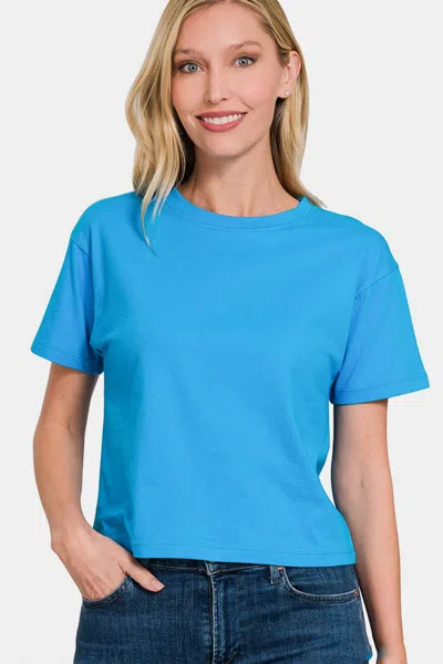 Truedames Round Neck Short Sleeve Cropped T-shirt In Blue