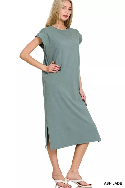 Truedames Round Neck Side Slit Midi Dress In Green