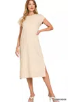Truedames Round Neck Side Slit Midi Dress In Neutral