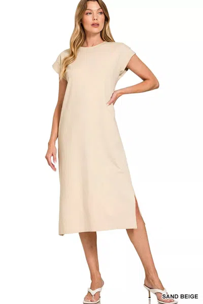 Truedames Round Neck Side Slit Midi Dress In Neutral