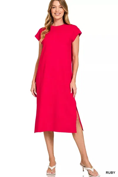 Truedames Round Neck Side Slit Midi Dress In Red