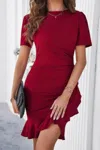 Truedames Round Neck Solid Wrap Bodycon Ruffle Hem Dress In Red