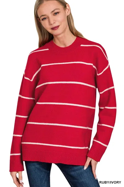 Truedames Round Neck Stripe Sweater In Red