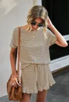 Truedames Round Neck Striped Top Short Set In Green