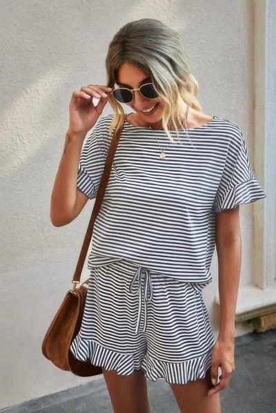 Truedames Round Neck Striped Top Short Set In Multi