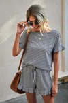 Truedames Round Neck Striped Top Short Set In White