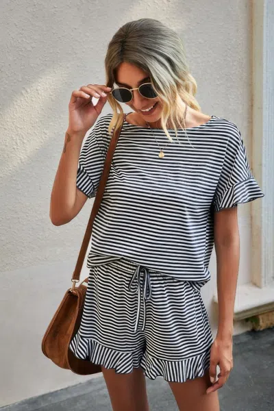 Truedames Round Neck Striped Top Short Set In White