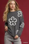 Truedames Round Neck Sweater With Floral Accents In Gray