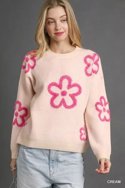 Truedames Round Neck Sweater With Pink Floral Accents
