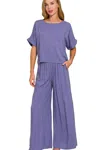 Truedames Round Neck T-shirt And Wide Leg Pants Set In Blue