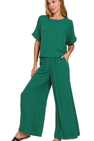 Truedames Round Neck T-shirt And Wide Leg Pants Set In Green