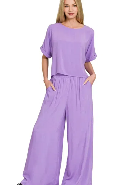 Truedames Round Neck T-shirt And Wide Leg Pants Set In Purple