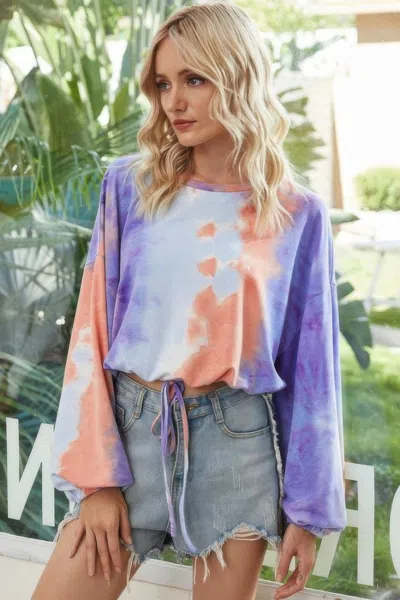 Truedames Round Neck Tie Dye Long Balloon Sleeve Top In Blue
