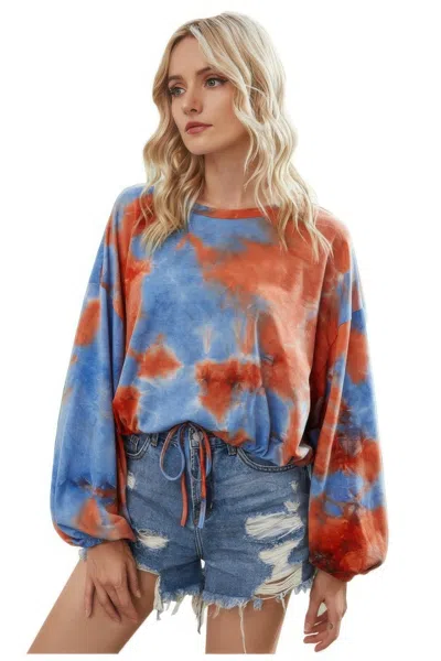 Truedames Round Neck Tie Dye Long Balloon Sleeve Top In Blue