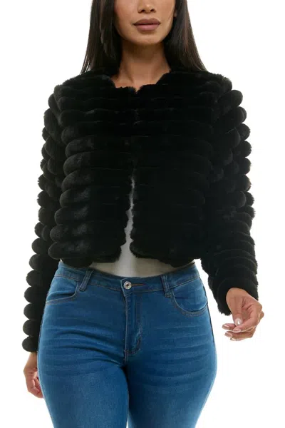 Truedames Round Neckline Long Sleeves Ribbed Channeled Texture Faux Fur Cropped Coat Jacket In Black