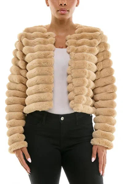 Truedames Round Neckline Long Sleeves Ribbed Channeled Texture Faux Fur Cropped Coat Jacket In Brown