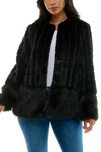 Truedames Round Neckline Long Sleeves Shaggier Cuffs Hem Faux Fur Coat Jacket In Black