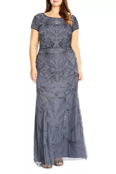 Truedames Round Neckline Short Cap Sleeves Seamed Waist Sheath Maxi Gown Dress (plus Size) In Blue