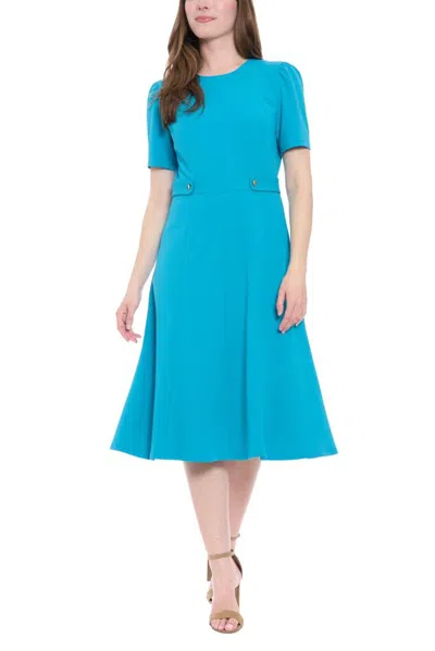 Truedames Round Neckline Short Sleeves Waist Button Seamed Bodice Zipper Closure A-line Midi Dress In Blue