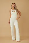 Truedames Round Sleeveless Multi Crystal Jumpsuit In White