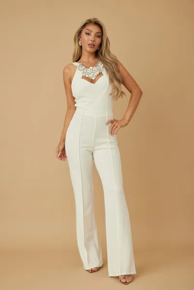 Truedames Round Sleeveless Multi Crystal Jumpsuit In White
