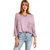 Truedames Rounded Neckline 3/4 Sleeves Washed Top In Neutral