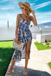 Truedames Scoop Neck Tie Dye Split Thigh Drawstring Midi Dress In Blue