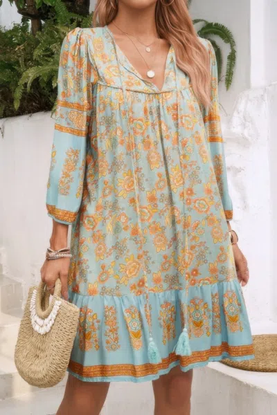 Truedames Ruched Bohe Print V Neck Ruffle Hem Tassel Dress In Blue