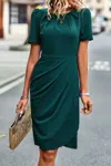 Truedames Ruched Color Block Solid Wrap Round Neck Dress In Green