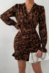 Truedames Ruched Ruffled Leopard Long Sleeve Fit Dress In Brown