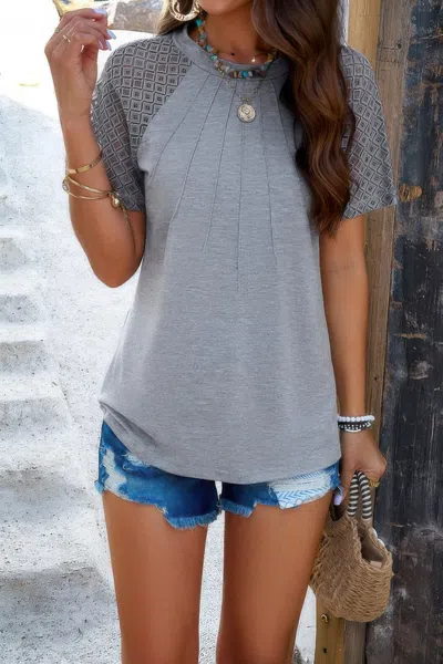 Truedames Ruched Solid Hollow Out Sleeves Round Neck Fit Top In Gray