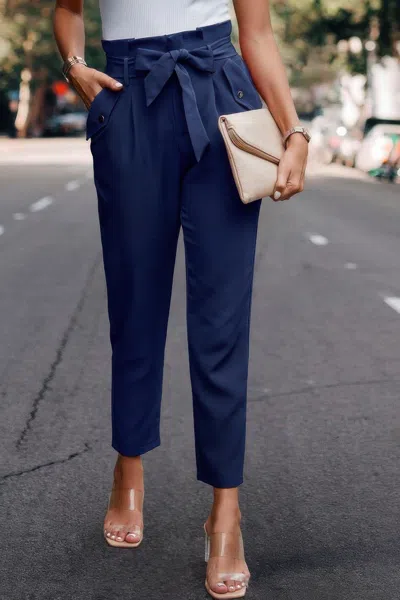 Truedames Ruffle Belt Pocket Solid Skinny Pants In Blue