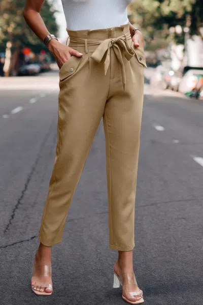 Truedames Ruffle Belt Pocket Solid Skinny Pants In Brown