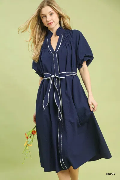 Truedames Ruffle Collar Midi Dress With Stripe Trim In Blue
