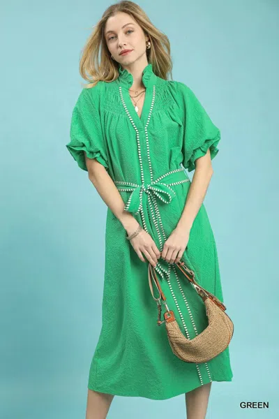Truedames Ruffle Collar Midi Dress With Stripe Trim In Green