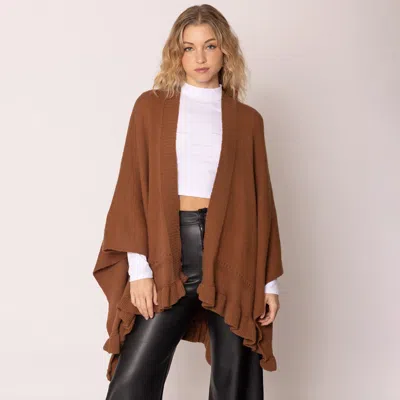 Truedames Ruffle Hem Knit Ruana In Brown