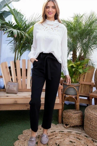 Truedames Ruffle High Waist Belt Side Pocket Front Zipper Solid Pants In Black