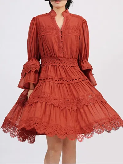 Truedames Ruffle Lace Trim Long Sleeve Dress In Red