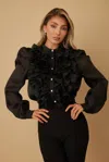 Truedames Ruffle Micro Crystal Long Sleeve Blouse In Black