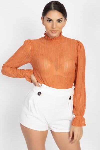 Truedames Ruffle Mock Neck Lace Top In Brown