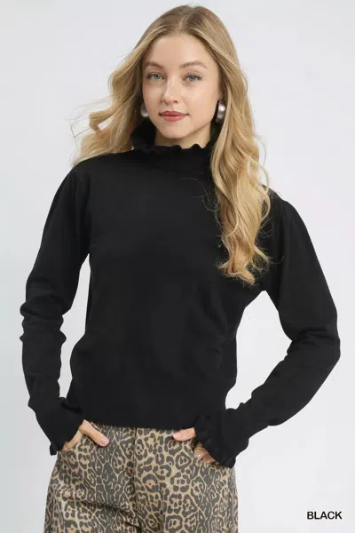 Truedames Ruffle Mock Neck Puff Sleeve Sweater In Black