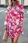 Truedames Ruffle Neck Abstract Print Long Sleeve Tiered Dress In Multi